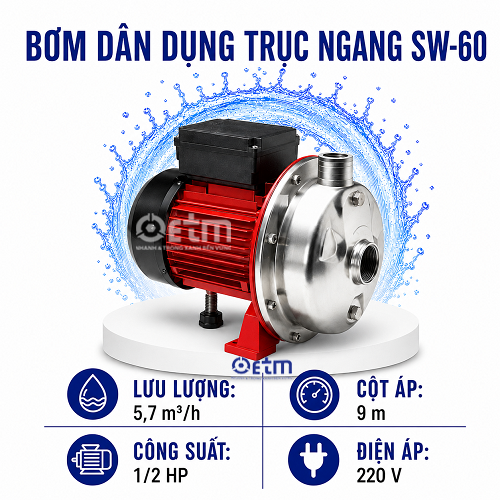 BƠM DÂN DỤNG TRỤC NGANG ĐẦU INOX, THÂN BĂNG GANG SW-60